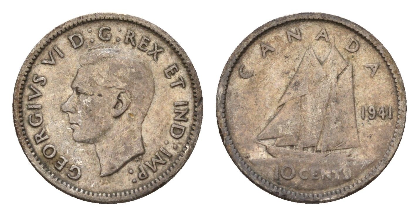 Канада 10 центов 1941 Георг VI (1936-1952), парусник KM 34 серебро 4669-637