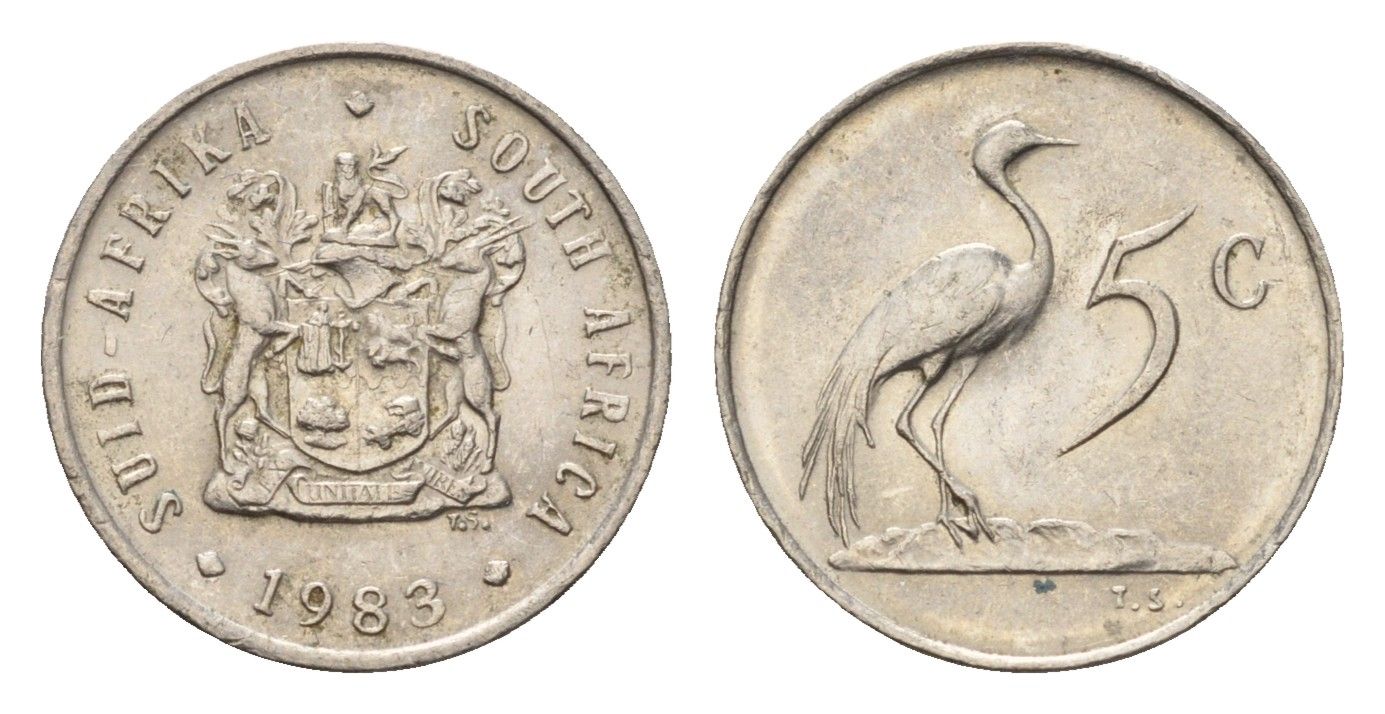ЮАР 5 центов 1983 герб, райский журавль KM 84 никель 4687-129