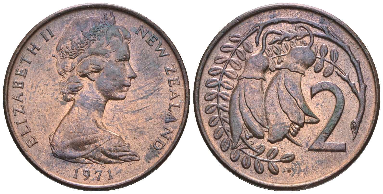 Новая Зеландия 2 цента 1971 Елизавета II (1952-2022), два цветка каухаи KM 32.1 бронза  UNC  4176-721