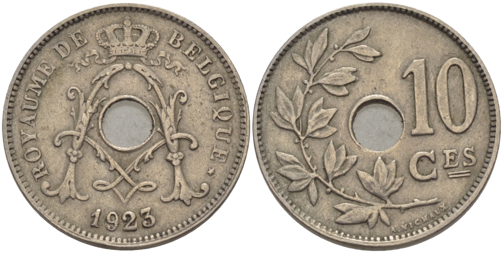 БЕЛЬГИЯ 10 САНТИМОВ 1923 BELGIQUE KM 85.1 медно-никель 28-241