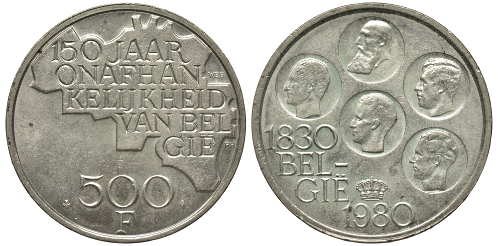 Бельгия 500 франков 1980 150 лет независимости, Belgie, Бодуэн I (1951-1993) KM 162 медно-никель покрытый серебром 443-1223