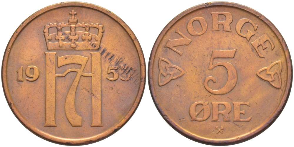 НОРВЕГИЯ 5 ЭРЕ 1953 ХОКОН VII (1905-1957) KM 400 бронза 4521-241