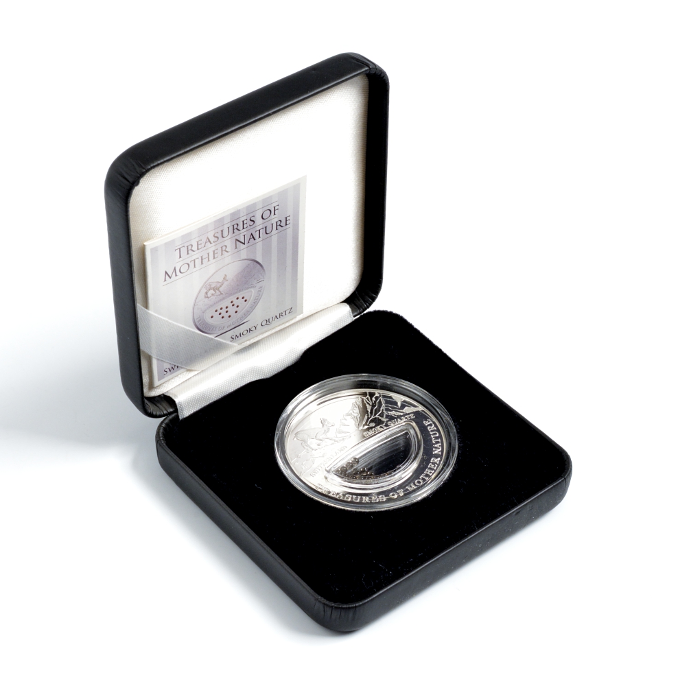 Фиджи 1 доллар 2012 серия Сокровища матери-природы, дымчатый кварц, в коробке, с сертификатом KM 453 серебро PROOF 1-4-3-04