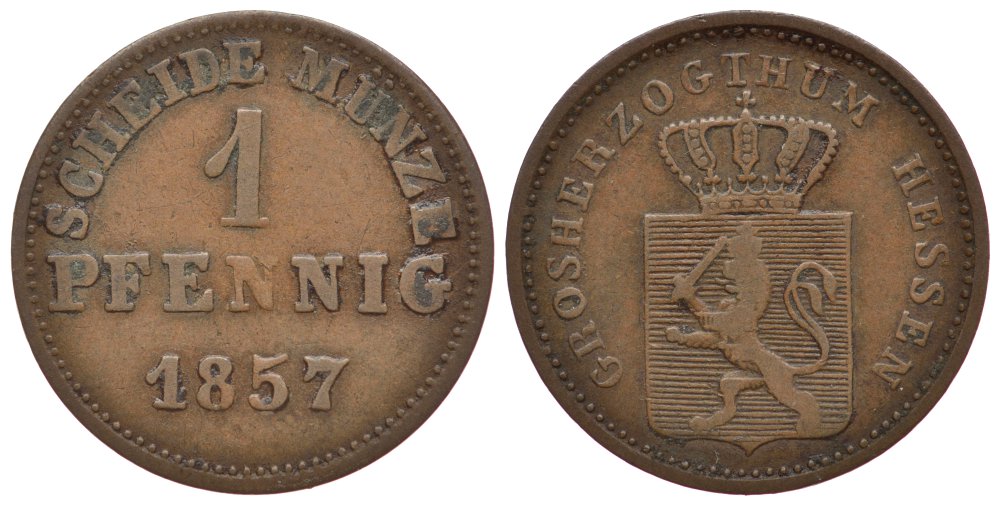 Гессен-Дармштадт 1 пфенниг 1857 KM 337, Jaeger 55 AKS 131 медь 187-311