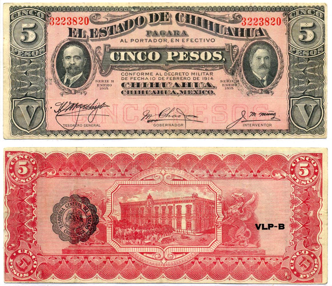 Мексика, Чиуауа 5 песо 1915 слева черная печать, справа надпечатка VLP-B, без даты Pick S 532b бумага 8603-5-1-1