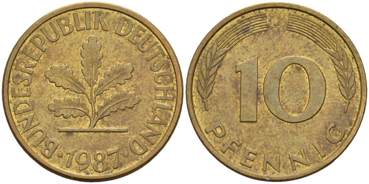 ФРГ 10 пфеннигов 1987 J KM 108 сталь плакированная латунью 4126-537