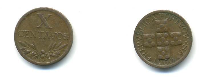 ПОРТУГАЛИЯ 10 СЕНТАВО 1960 KM 583 бронза 86-1214