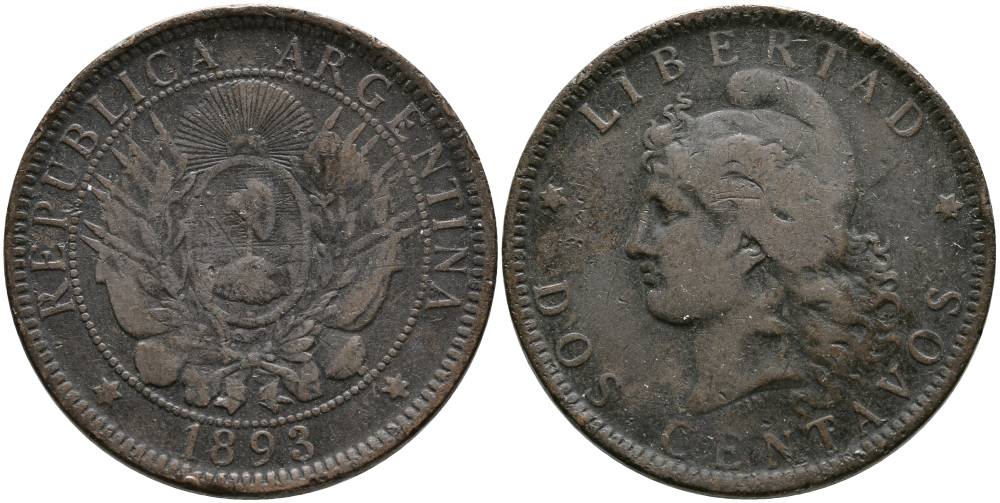 Аргентина 2 сентаво 1893 голова свободы влево KM 8 бронза 4531-1132