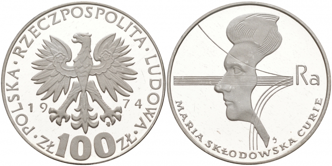 Польша 100 злотых 1974 MW, 40 лет со дня смерти Марии Склодовской-Кюри (1867-1934) KM 71, Parchimowicz 270 серебро PROOF 1087-8-63