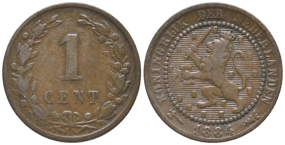 НИДЕРЛАНДЫ 1 ЦЕНТ 1884 ВИЛЬЯМ III (1849-1890) KM 107 бронза 100-849