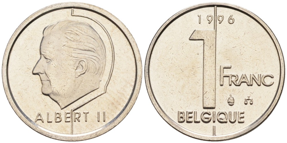 Бельгия 1 франк 1996 Belgique KM 187 железо плакированное никелем UNC 192-515