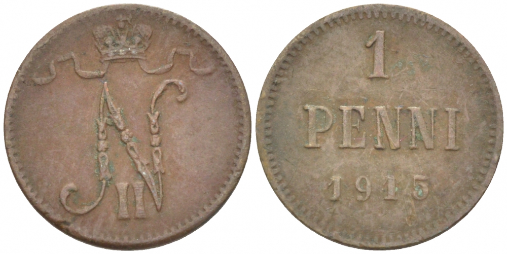 РОССИЯ ДЛЯ ФИНЛЯНДИИ 1 ПЕННИ 1915 НИКОЛАЙ II KM 13, Биткин 475 медь 4396-1468