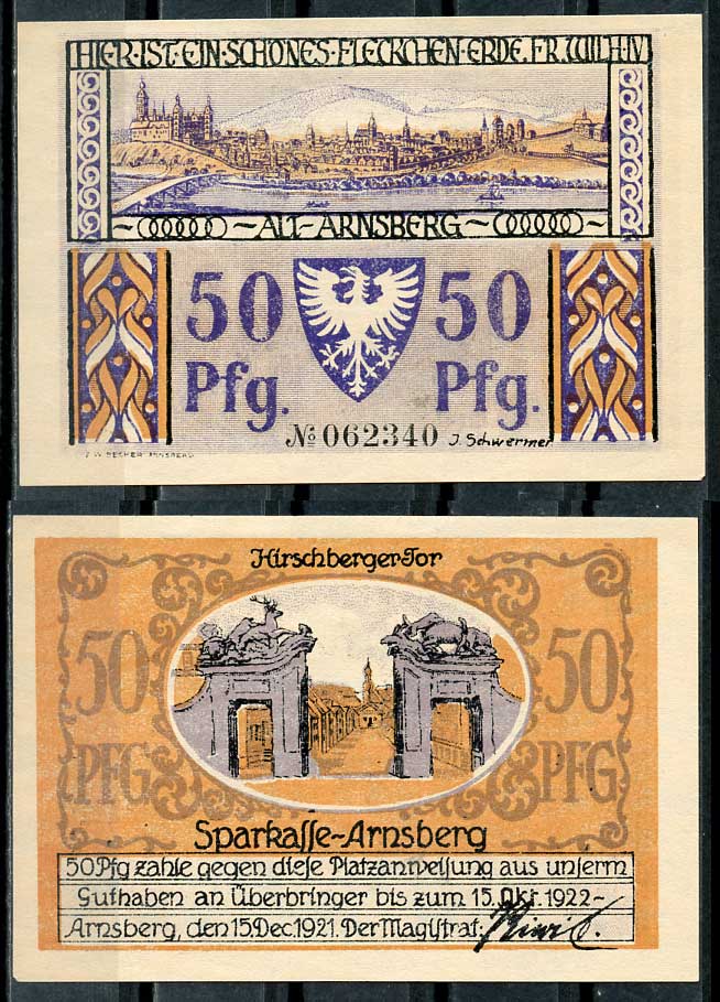 Германия, Арнсберг 50 пфеннигов 1921 нотгельд, 15 декабря 1921 - 15 октября 1922 Grabowski 42.2 бумага UNC (пресс) 00-00