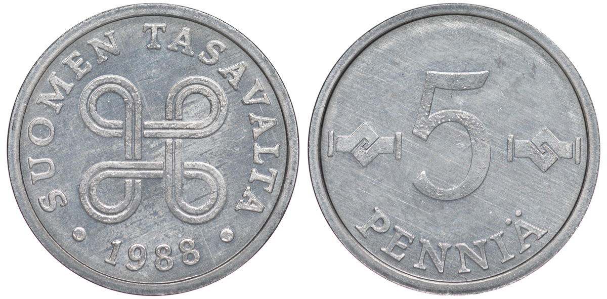 ФИНЛЯНДИЯ 5 ПЕННИ 1988 KM 45а алюминий UNC 3334-1115