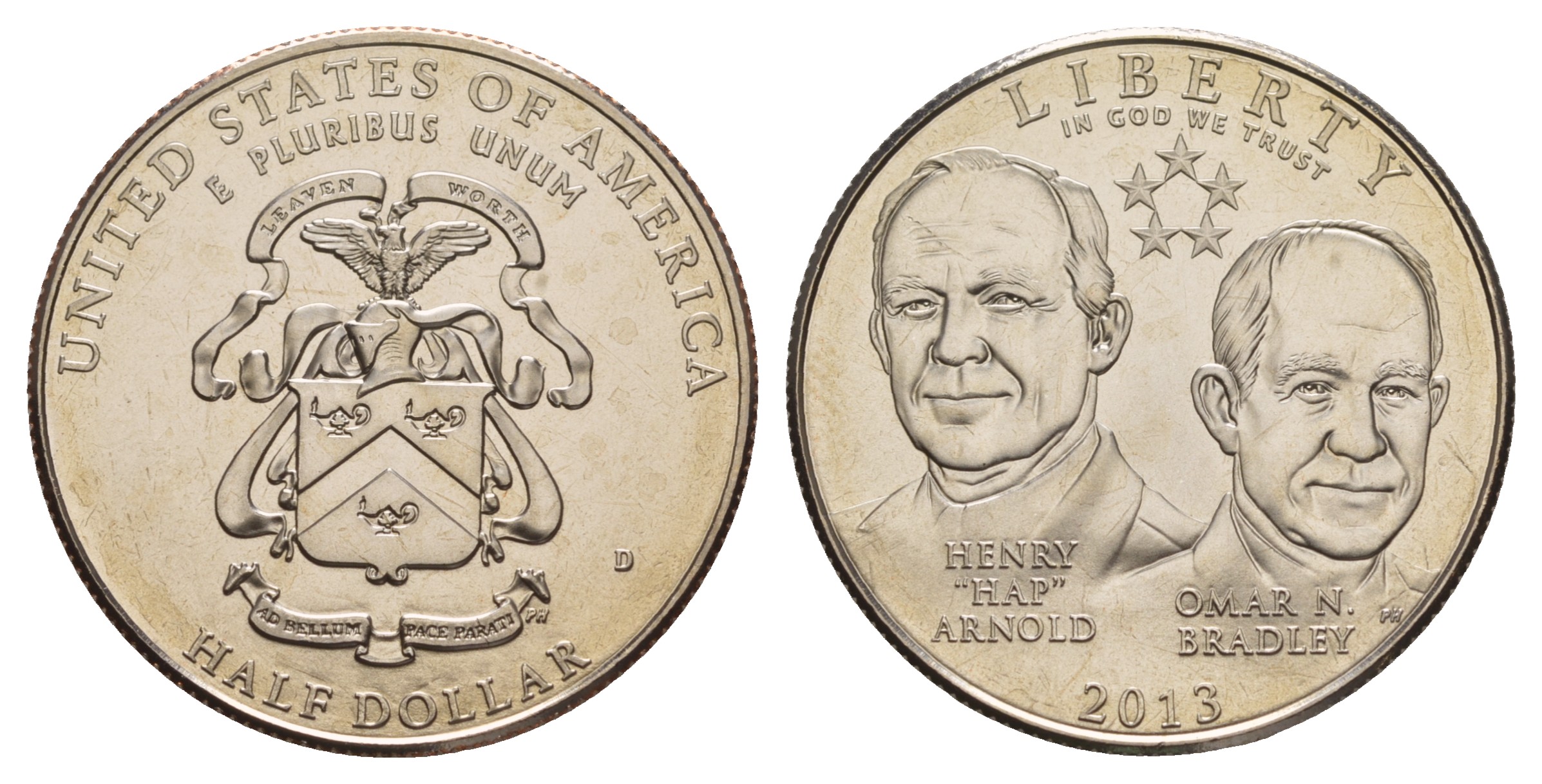 США 1/2 доллара 2013 D, Генри Арнолд и Омар Брэдли, в оригинальной коробке, с сертификатом KM 554 медно-никель BU 1-4-3-39