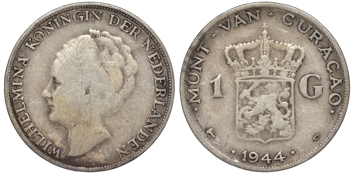 Нидерландское Кюрасао 1 гульден 1944 D, Вильгельмина (1890-1948) KM 45 серебро 36-743