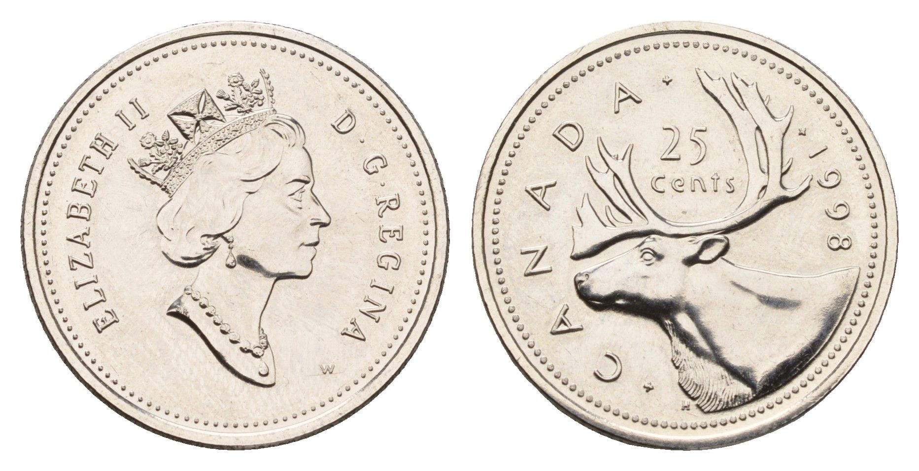 Канада 25 центов 1998 w, Елизавета II (1952-2022), олень KM 184 никель BU 113-733