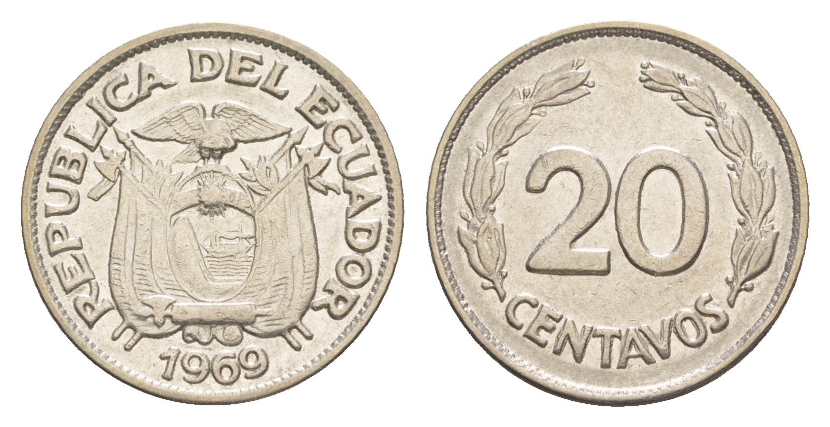 Эквадор 20 сентаво 1969 KM 77.1c сталь плакированная никелем 4640-1229