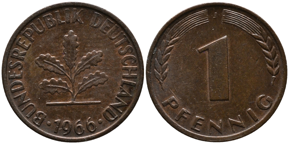 ФРГ 1 пфенниг 1966 J KM 105, J.380 сталь плакированная медью 99-254