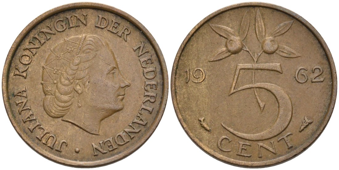 НИДЕРЛАНДЫ 5 ЦЕНТОВ 1962 ЮЛИАНА (1949-1980) КМ 181 бронза 4573-354