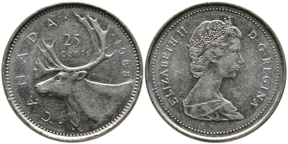 КАНАДА 25 ЦЕНТОВ 1988 ЕЛИЗАВЕТА II (1952-), ОЛЕНЬ, ВТОРОЙ ПОРТРЕТ В КОРОНЕ KM 74 никель 4543-751