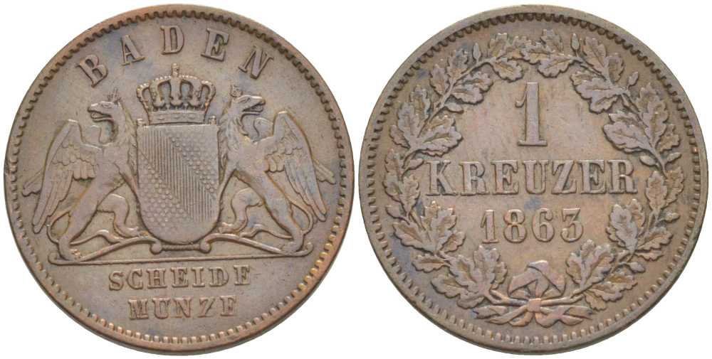 Баден 1 крейцер 1863 Великий Герцог Фридрих I (1856-1907) КМ 242 медь 117-832
