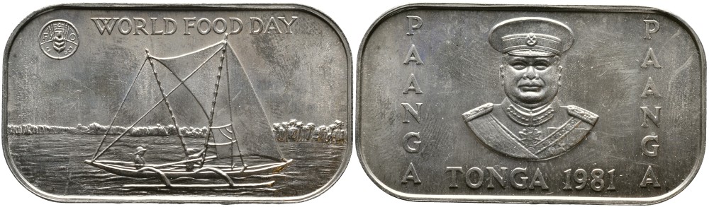 ТОНГА 1 ПААНГА 1981 КОРОЛЬ ТАУФА’АХАУ ТУПОУ IV (1967-2006), ПАРУСНАЯ ЛОДКА, FAO, РАЗМЕР 47 Х 257 ММ. KM 72 медно-никель UNC 4527-925