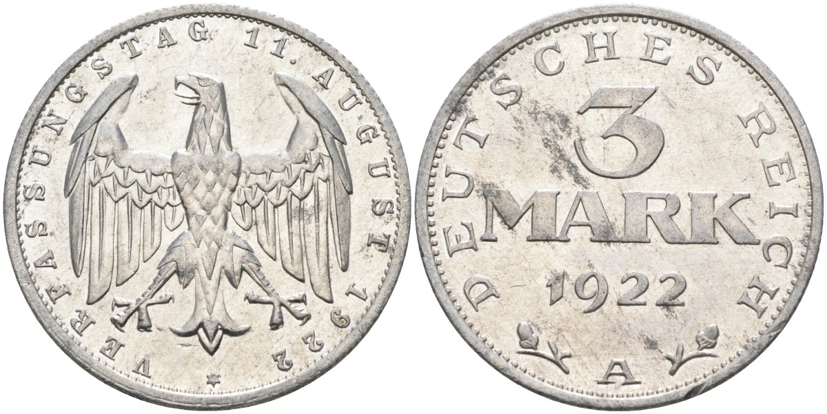 Германия 3 марки 1922 A, третья годовщина Веймарской Конституции KM 29, J.303 алюминий 4587-336