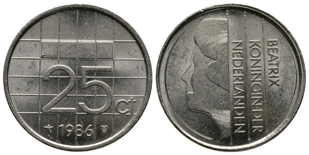 НИДЕРЛАНДЫ 25 ЦЕНТОВ 1986 БЕАТРИКС KM 204 никель 73-664