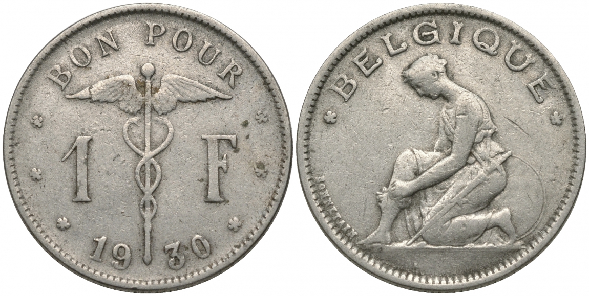БЕЛЬГИЯ 1 ФРАНК 1930 BELGIQUE KM 89 никель 51-2123
