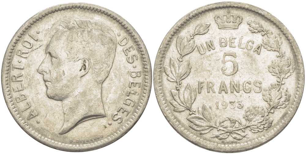БЕЛЬГИЯ 5 ФРАНКОВ 1933 АЛЬБЕРТ I, DES BELGES KM 97.1 никель 3851-243