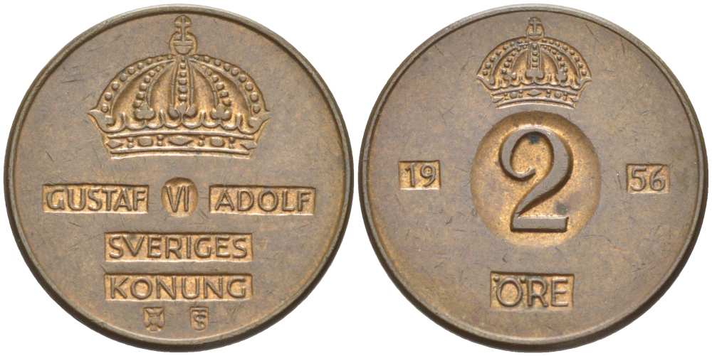Швеция 2 эре 1956 TS, Густав VI Адольф (1950-1973) KM 821 бронза 4513-1252