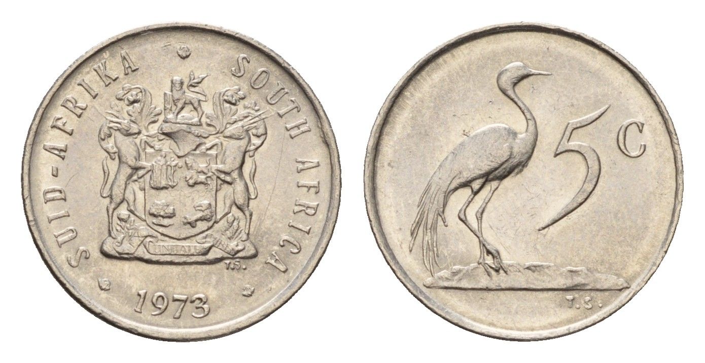 ЮАР 5 центов 1973 герб, райский журавль KM 84 никель 4643-217
