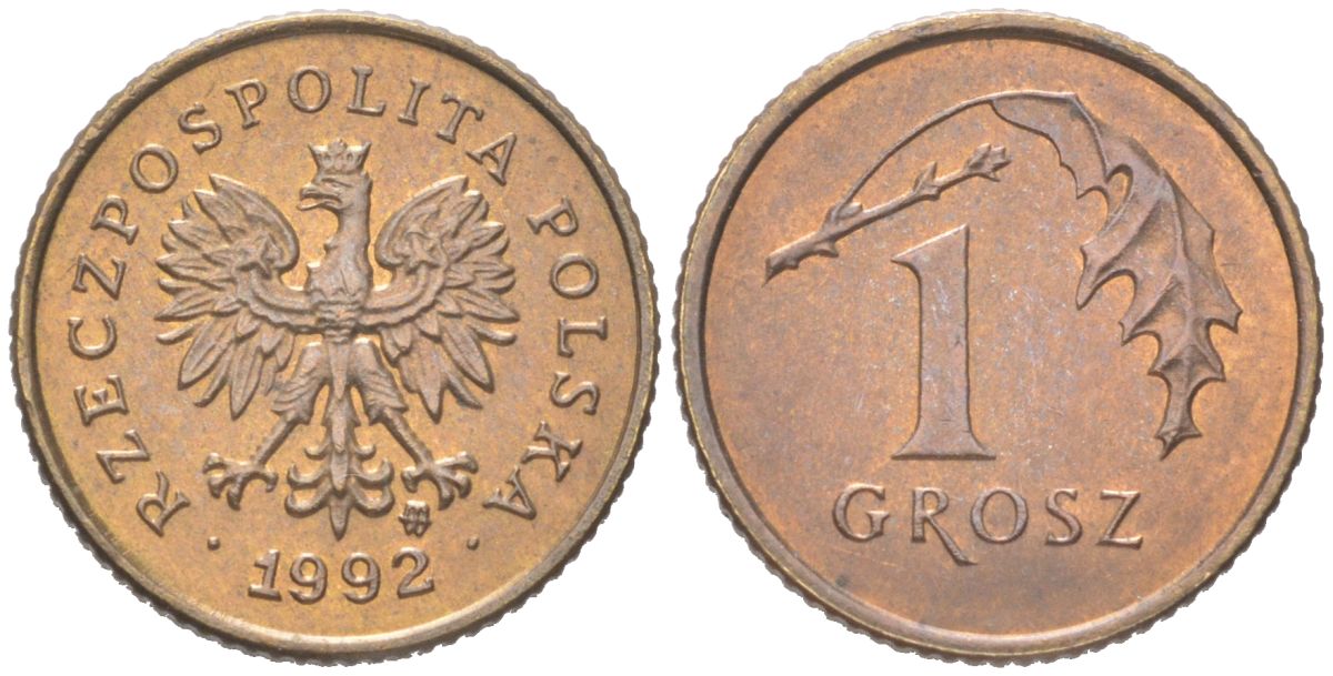 Польша 1 грош 1992 Y 276 марганец латунь UNC 4614-564
