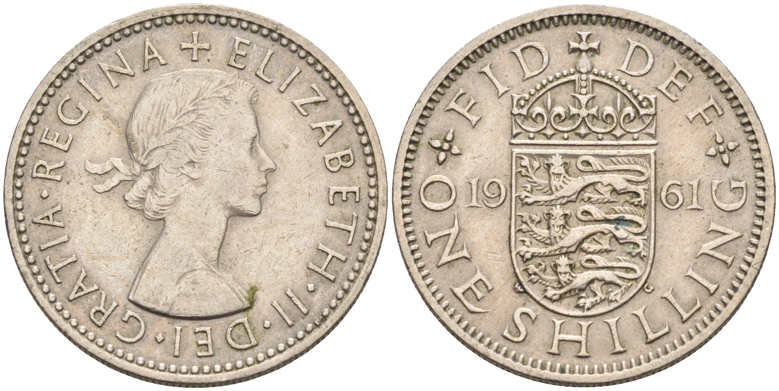 Великобритания 1 шиллинг 1961 Елизавета II (1952-2022), Английский герб KM 904, Spink 4147 медно-никель    4595-851