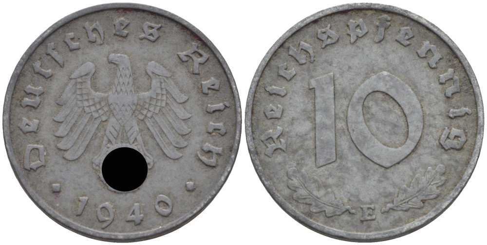 ГЕРМАНИЯ 10 РЕЙХСПФЕННИГОВ 1940 E KM 101, J. 371 цинк 4401-515