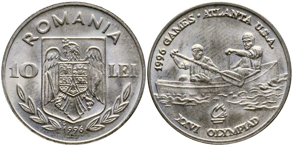 Румыния 10 леев 1996 XXVI олимпийские игры 1996 года в Атланте, академическая гребля двойка KM 124 никелированная сталь  UNC  3999-824