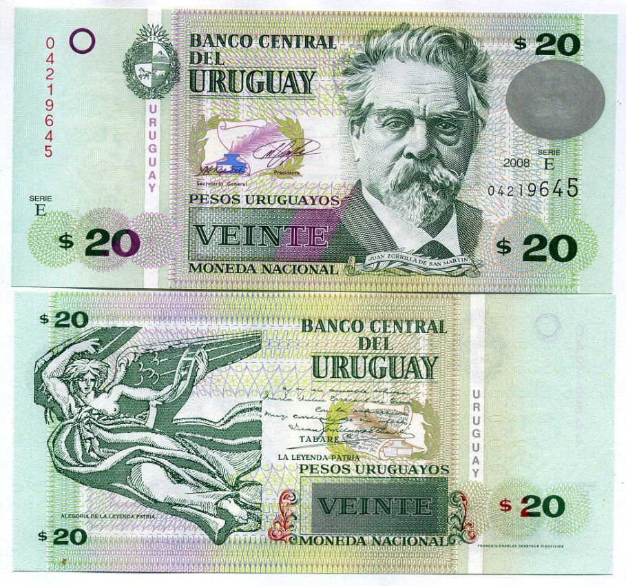 Уругвай 20 песо 2008 Хуан Соррилья де сан Мартин, поэт Pick 86 a бумага UNC (пресс) 7202-32-3