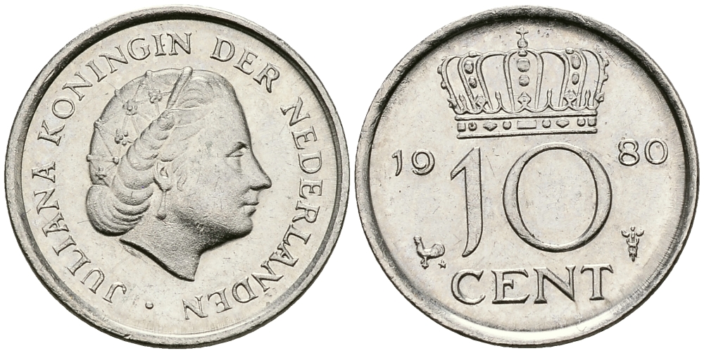 Нидерланды 10 центов 1980 Юлиана (1949-1980) KM 182 никель 96-541