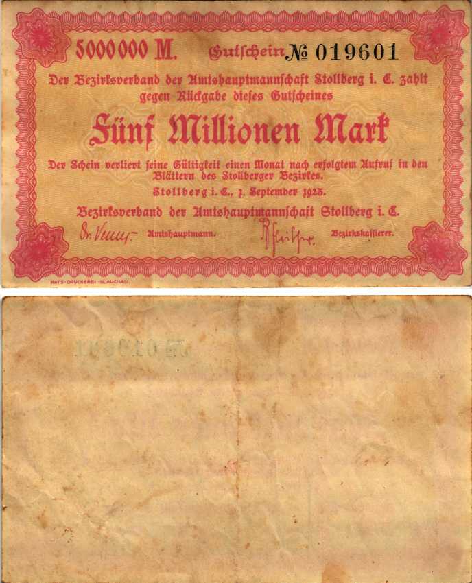 ШТОЛЬБЕРГ 5000000 МАРОК 1923 НОТГЕЛЬД, 1 СЕНТЯБРЯ 1923, ЗЕМЛЯ САКСОНИЯ-АНХАЛЬТ бумага 6318-32-2-1