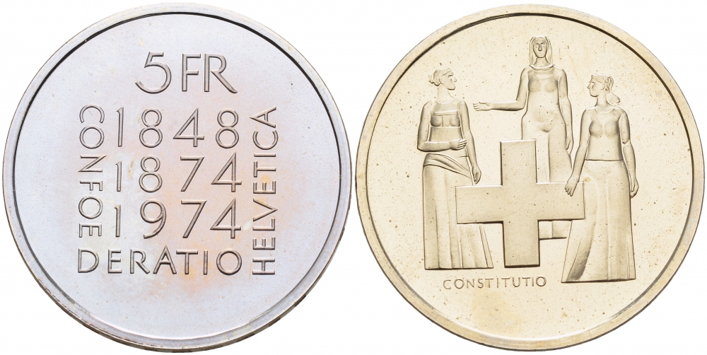 Швейцария 5 франков 1974 100 лет изменения Конституции KM 52 медно-никель PROOF 1087-3-25