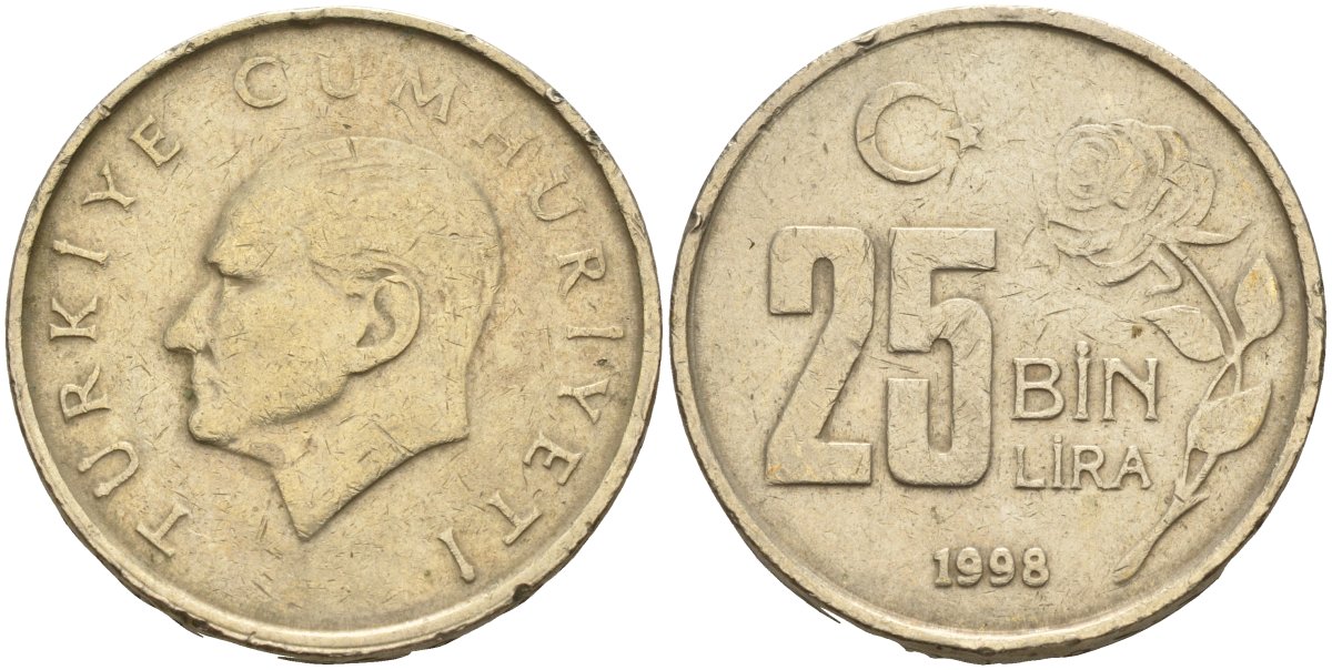 Турция 25000 лир 1998 Мустафа Кемаль Ататюрк KM 1041 медь цинк никель 4144-611