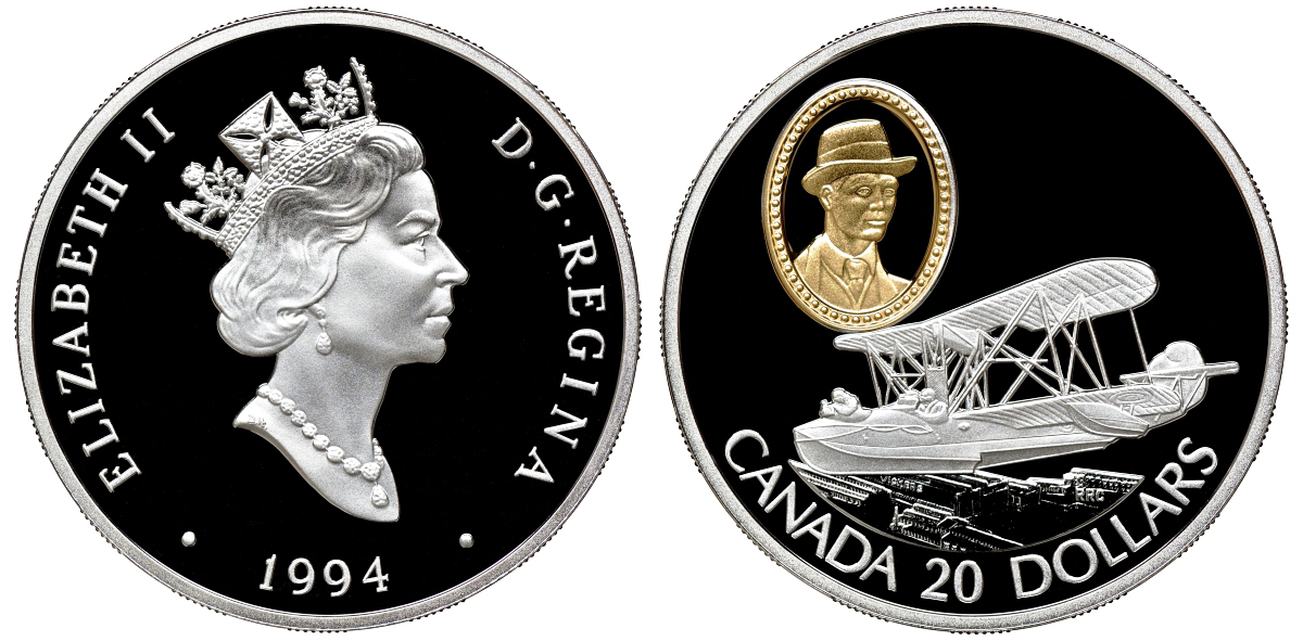 Канада 20 долларов 1994 канадский самолет Виккерс Ведетт KM 247 серебро, позолота PROOF 4-3-2-15