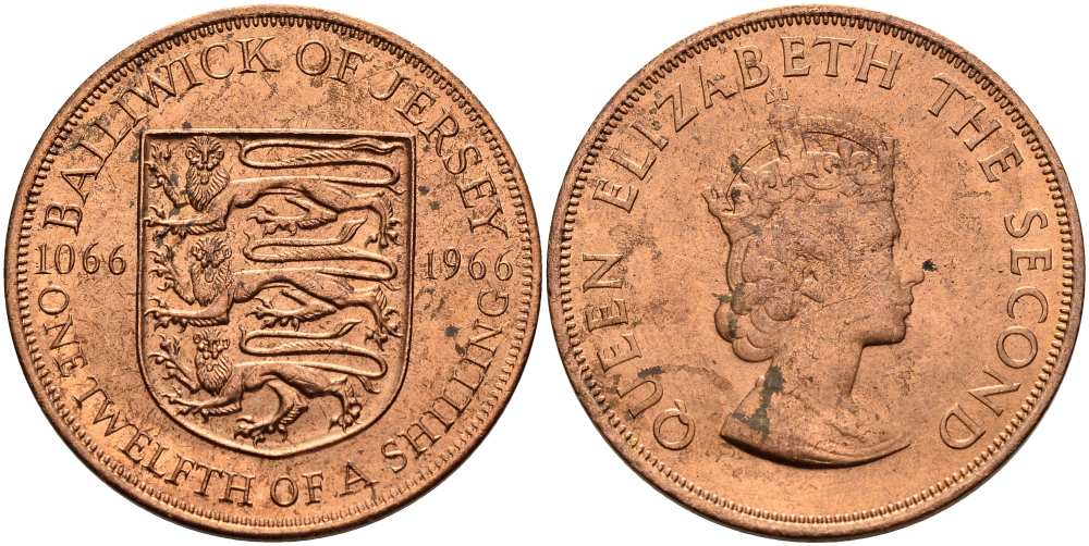 Джерси 1/12 шиллинга 1966 900 лет Нормандскому завоеванию KM 26 бронза UNC 4512-343