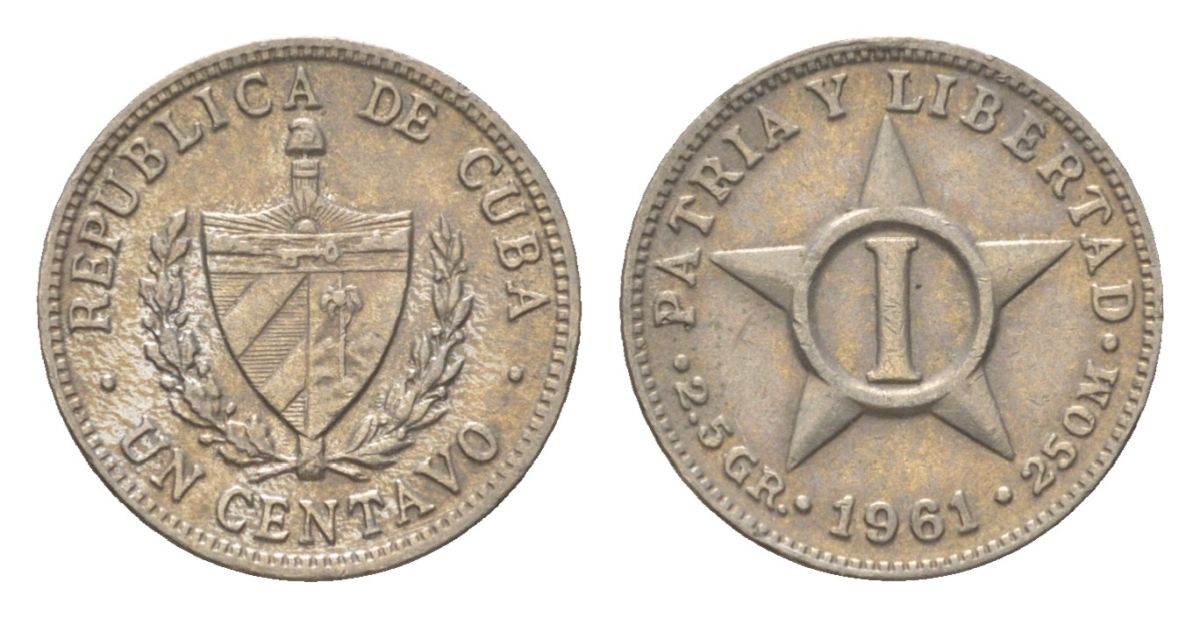Куба 1 сентаво 1961 звезда, первая Республика (1902-1961) KM 9.2; JMA 9; Y 3b, Schoen 3 медно-никель 4623-822