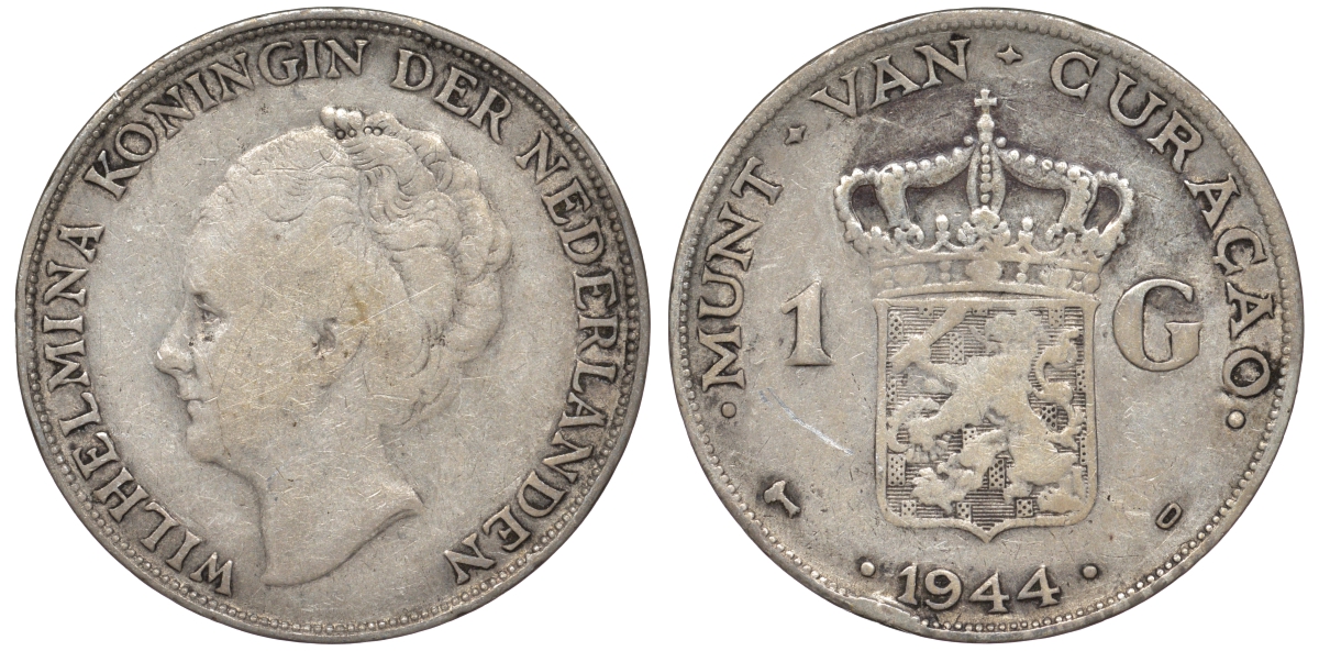 Нидерландское Кюрасао 1 гульден 1944 D, Вильгельмина (1890-1948) KM 45 серебро 36-143