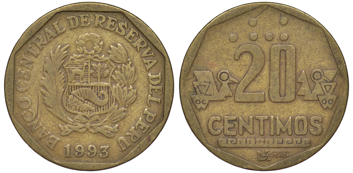 Перу 20 сентимо 1993 KM 306.1 латунь 4605-437