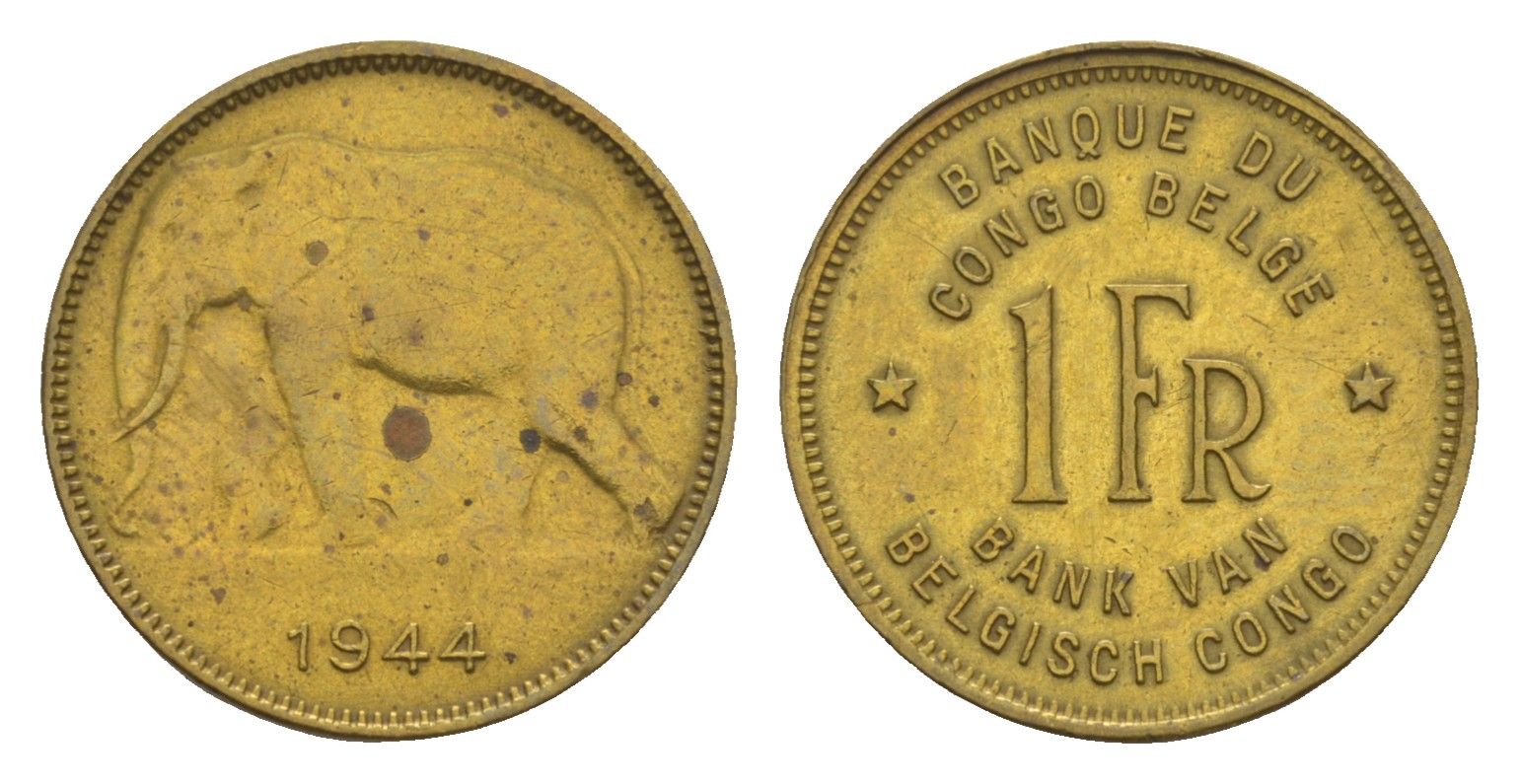 Бельгийское Конго 1 франк 1944 Леопольд III (1934-1951) KM 26 латунь 4655-569