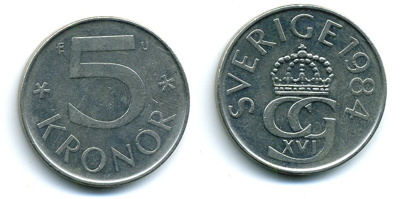 Швеция 5 крон 1984 U Карл XVI Густав (1973- ) KM 853 медно-никель 37-1126
