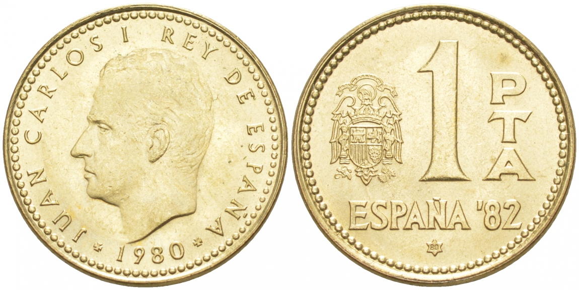 Испания 1 песета 1980 (80) чемпионат мира по футболу в Испании 1982 года, Хуан Карлос I (1975-) KM 816 алюминиевая бронза 68-151